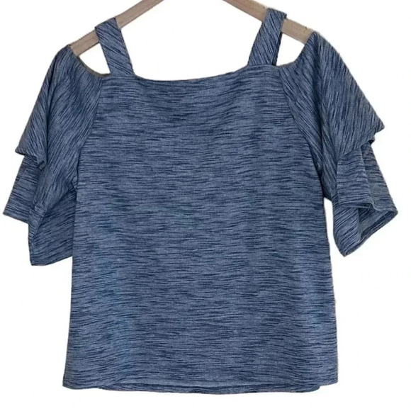 2/$30 Chicos Size 1 Off Shoulder Short Sleeve Top Blue Marled - Picture 2 of 7